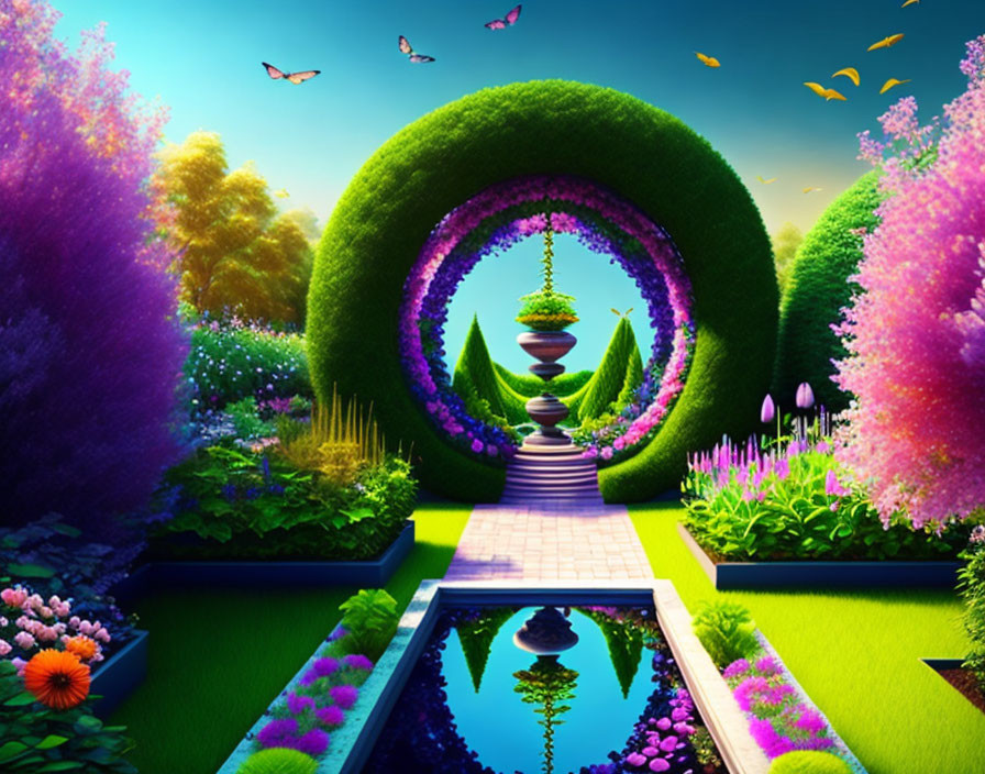 Colorful garden with topiary arches, flowers, waterway, and butterflies