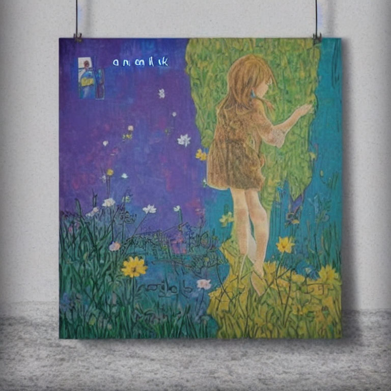 Girl in meadow with dandelions, alligator below, blurry figure in background