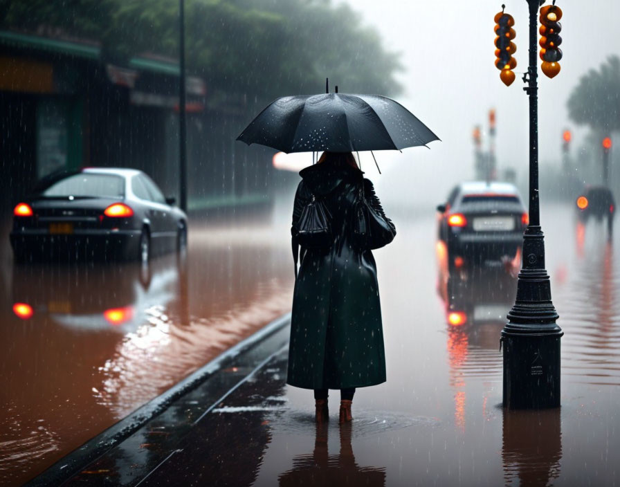 Person in trench coat with umbrella on wet street in rain shower.