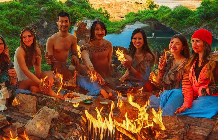 Group of People Enjoying Campfire in Natural Outdoor Setting