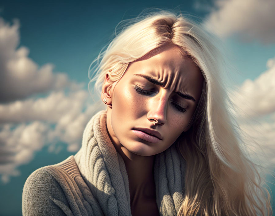 Blonde woman in cozy sweater gazes down under blue sky.