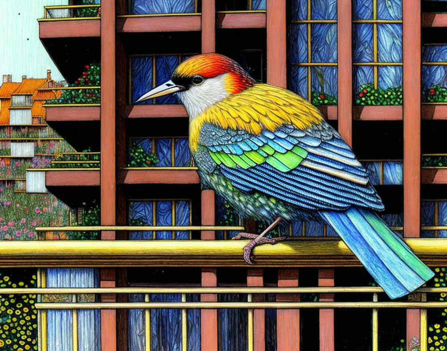 Vibrant bird with red head and blue feathers perched on balcony railing