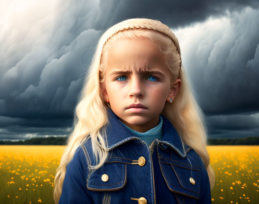 Blonde girl with braided hair in somber mood against dark clouds and yellow flower field