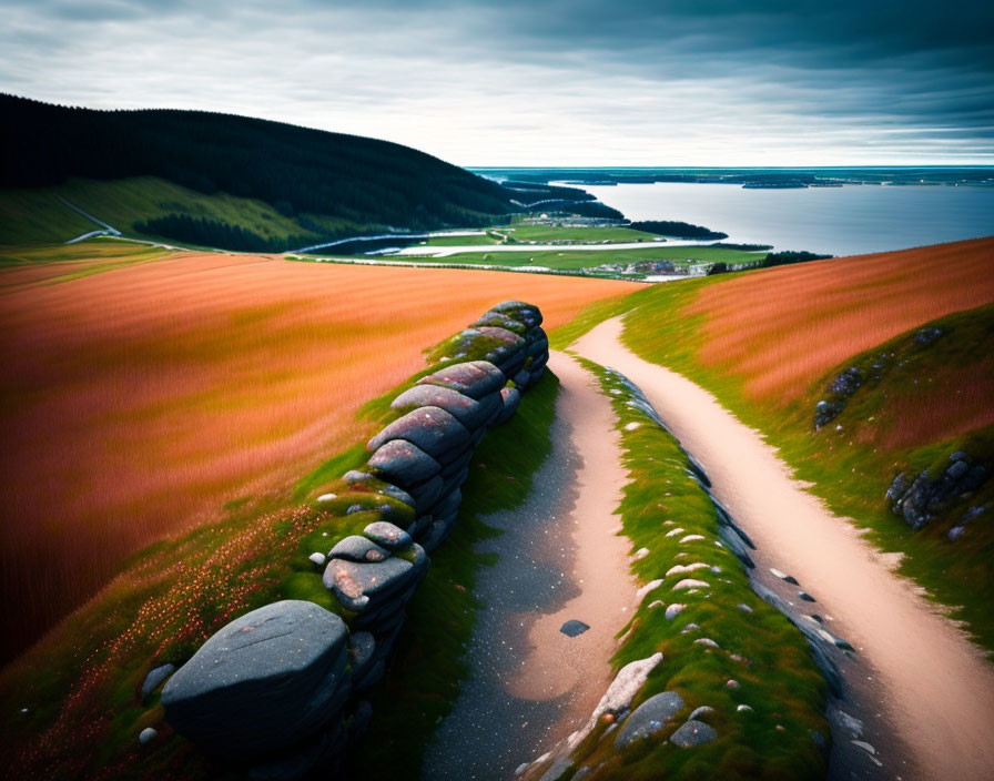 Scenic dirt road with stone wall, river, and hills view