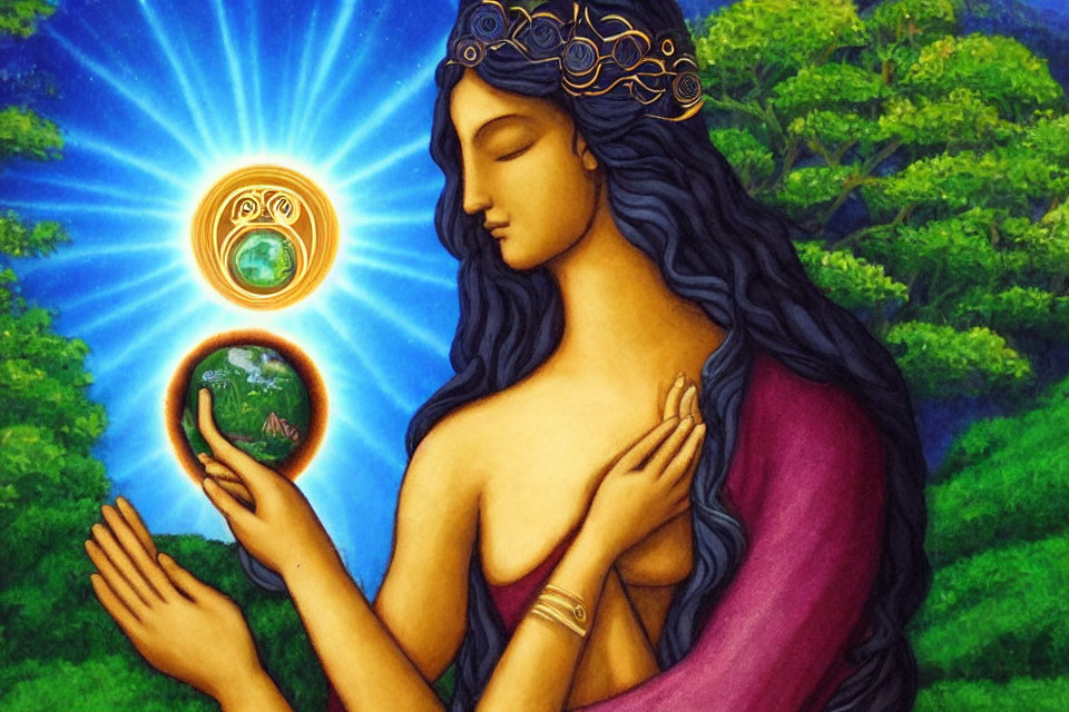 Stylized painting of woman with blue crown holding radiant orb in lush forest