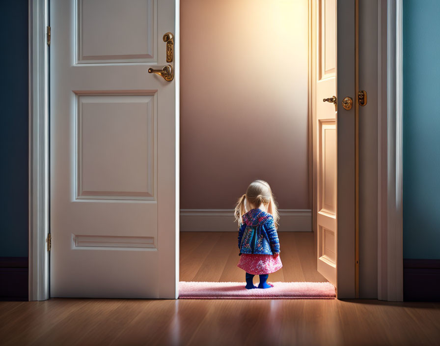 Child silhouetted by bright light at open door