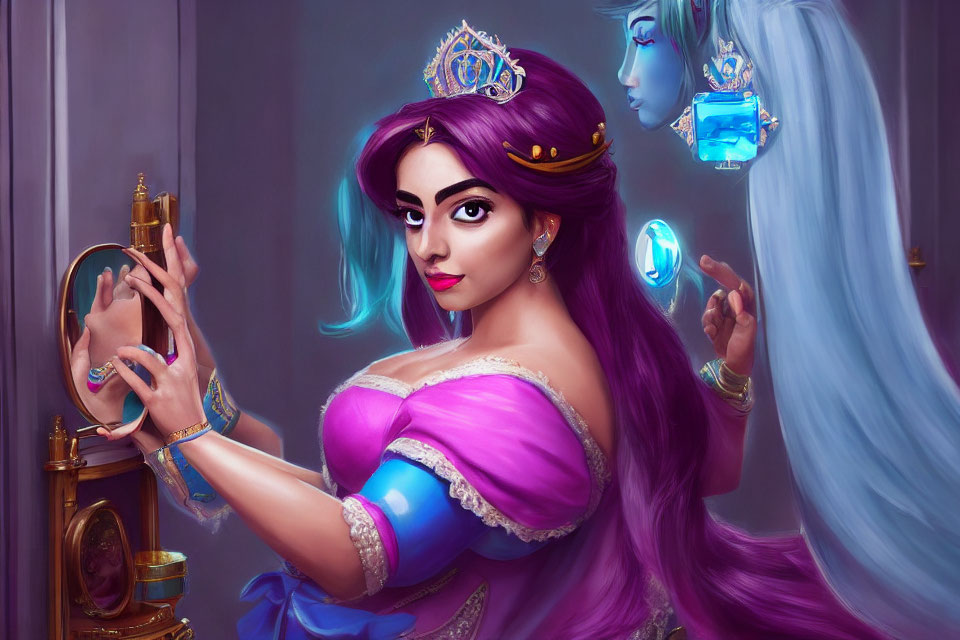 Illustration of woman with long blue hair, purple dress, crown, mirror, gemstone, and