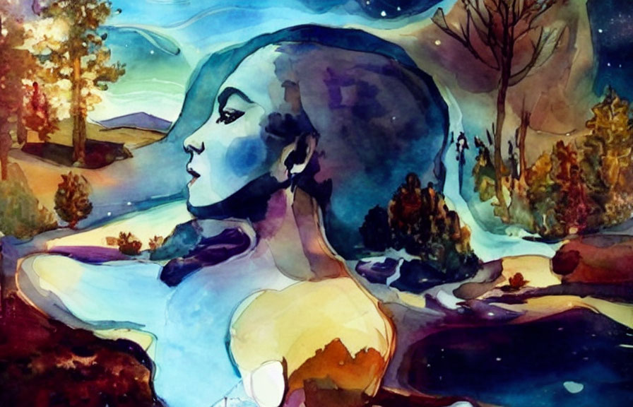 Watercolor painting blending woman's profile with landscape, trees, river, starry sky