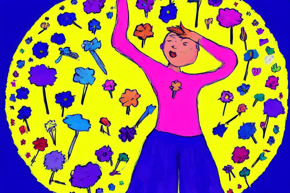 Colorful Childlike Drawing: Joyful Figure Surrounded by Flowers