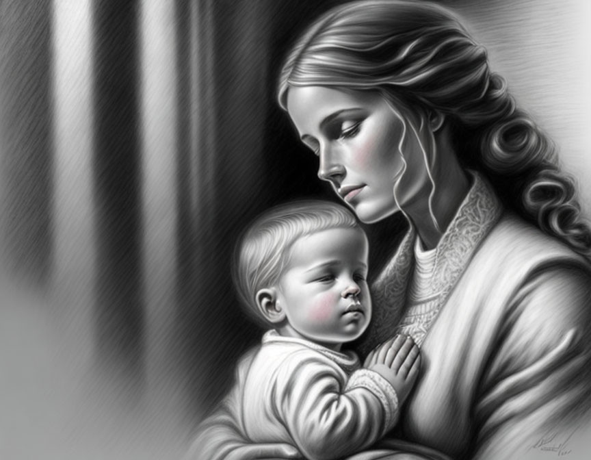 Monochrome illustration of woman holding sleeping infant