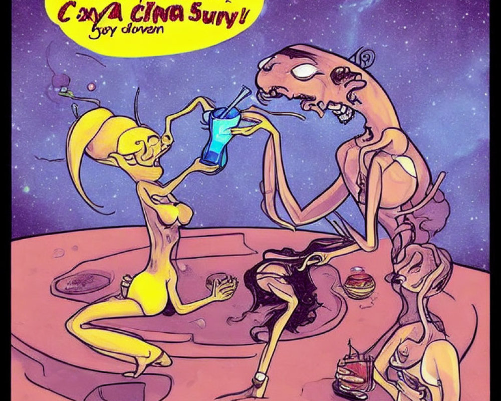 Colorful Cartoon: Alien Creatures Eating Fast Food on Mars-like Planet