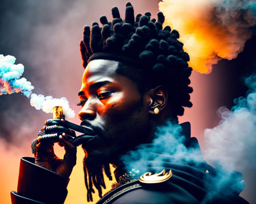 Elaborate Hairstyle Person Exhaling Vapor in Colorful Smoke Portrait