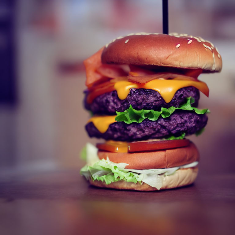 Double Cheeseburger with Lettuce, Tomatoes, and Two Beef Patties on Sesame Seed