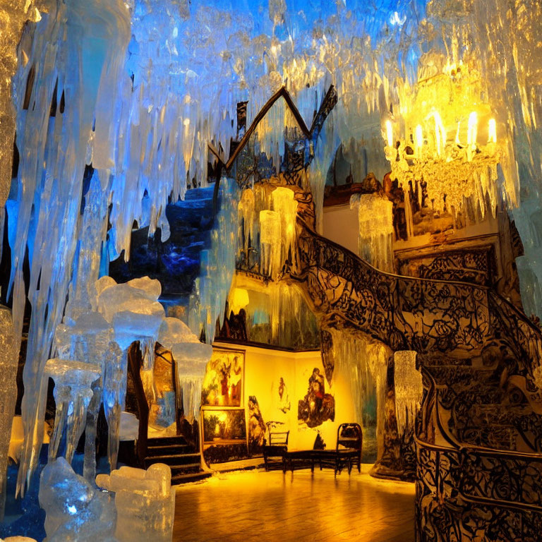 Opulent room with grand staircase and crystal icicles