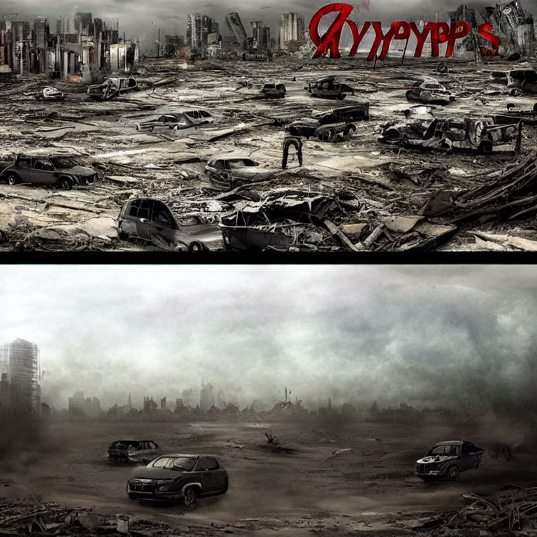 Dystopian scene with abandoned cars and rubble under dark cloudy sky