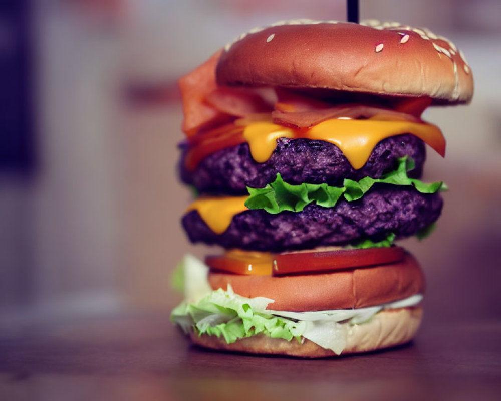 Double Cheeseburger with Lettuce, Tomatoes, and Two Beef Patties on Sesame Seed