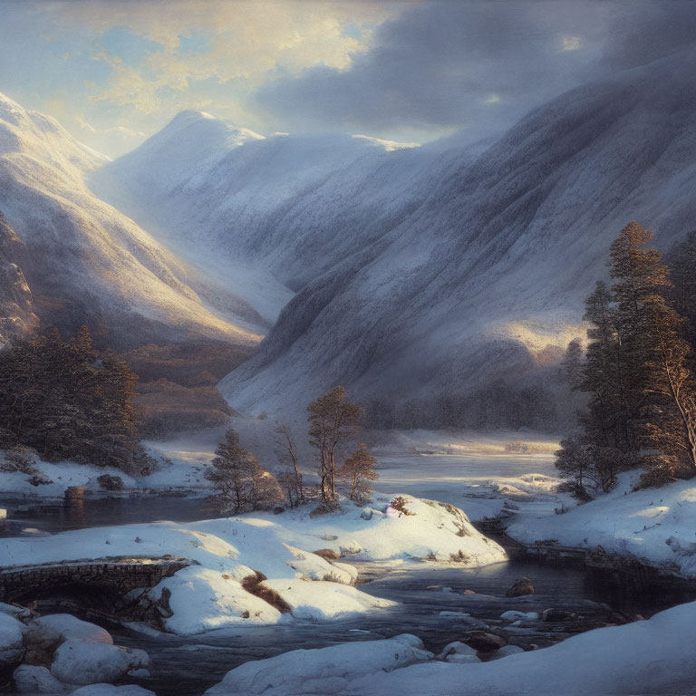 Snowy Valley Painting: Winter Scene with River, Bridge, and Mountains