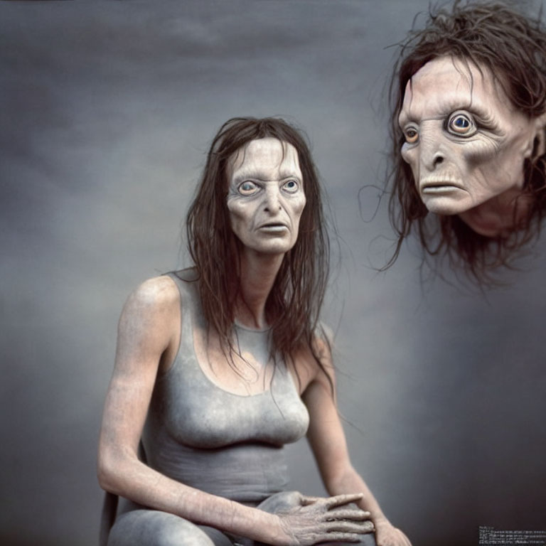 Eerie humanoid figures with exaggerated faces under stormy sky