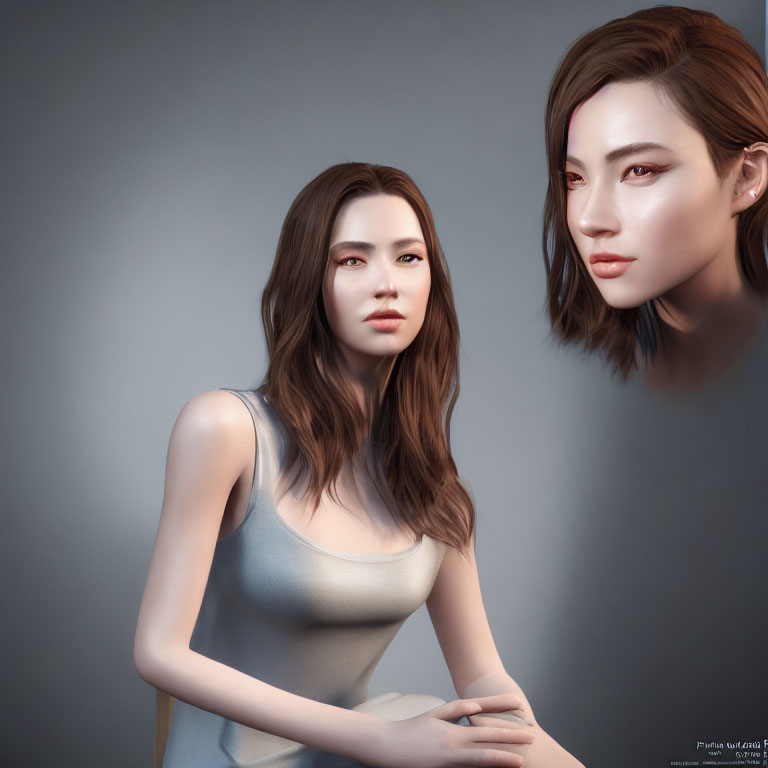 Realistic 3D rendering of a woman with long brown hair and gray tank top