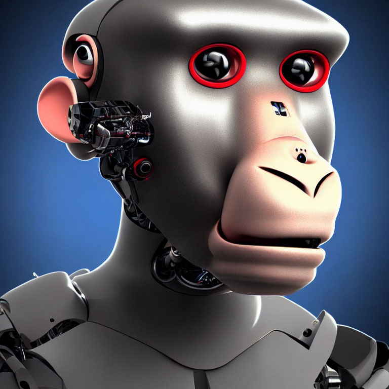 Humanoid Robot 3D Rendering with Red Eyes and Partial Mechanical Face