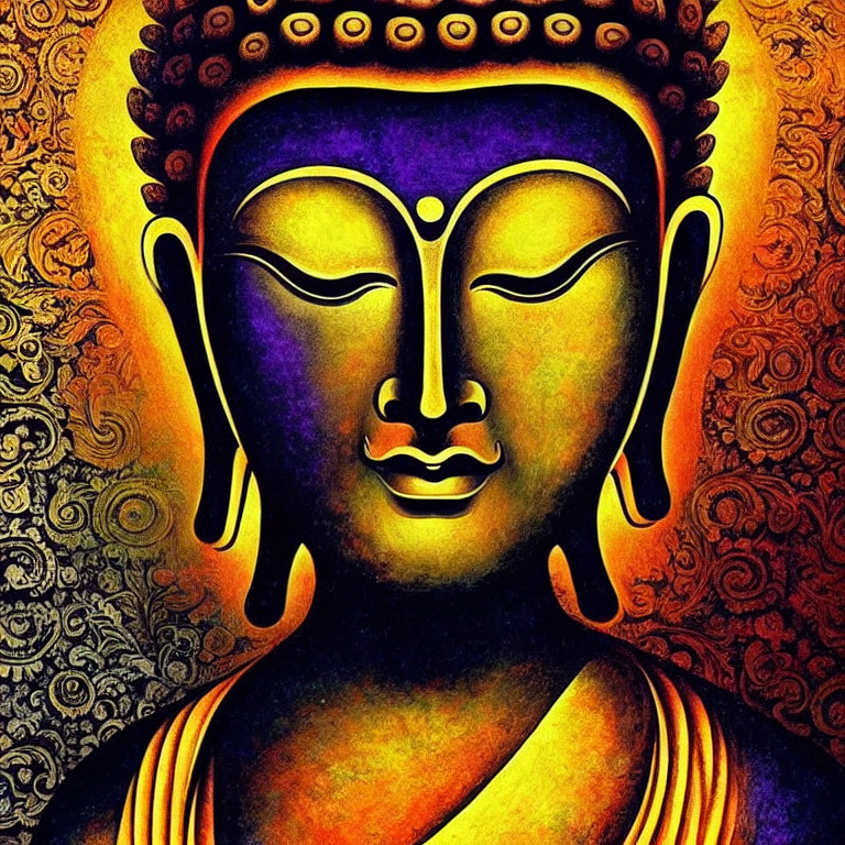 Vibrant Buddha Face Artwork with Golden and Purple Tones