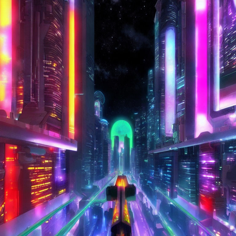 Futuristic cityscape at night with neon lights and skyscrapers