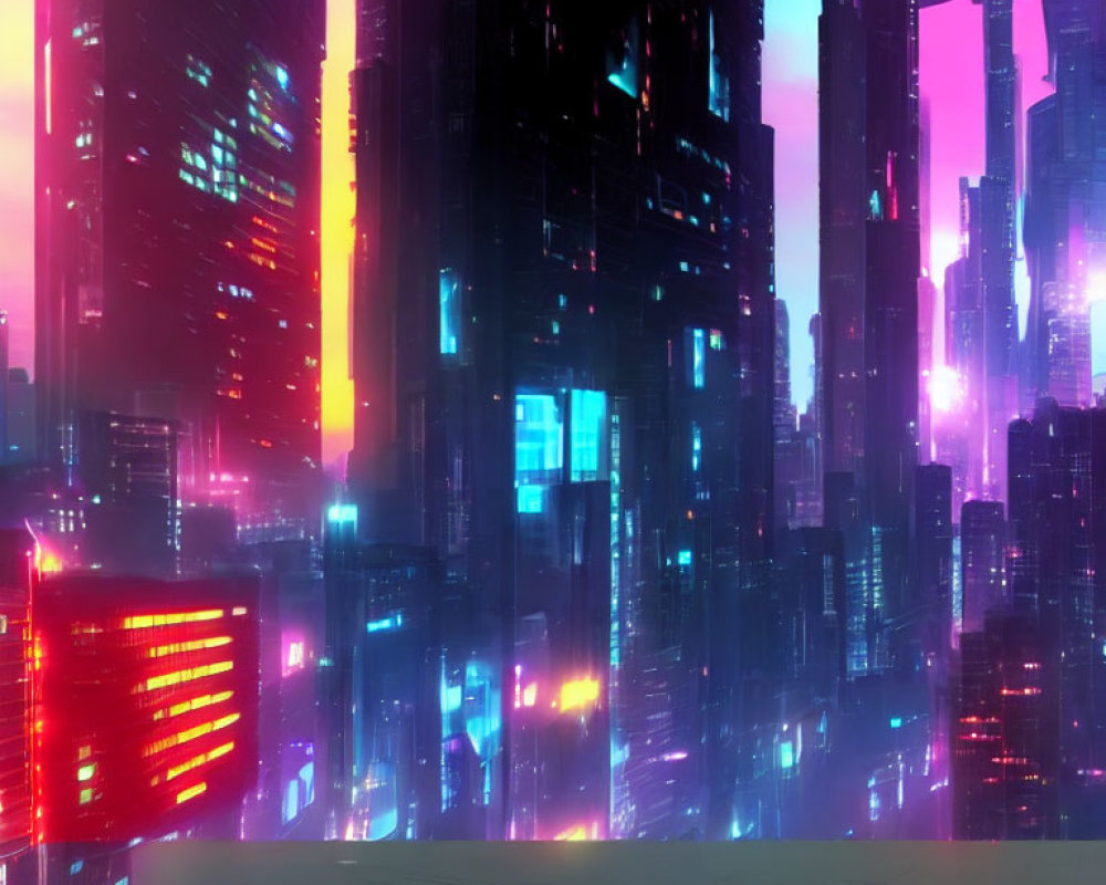 Futuristic cityscape with neon-lit skyscrapers in pink and blue hues