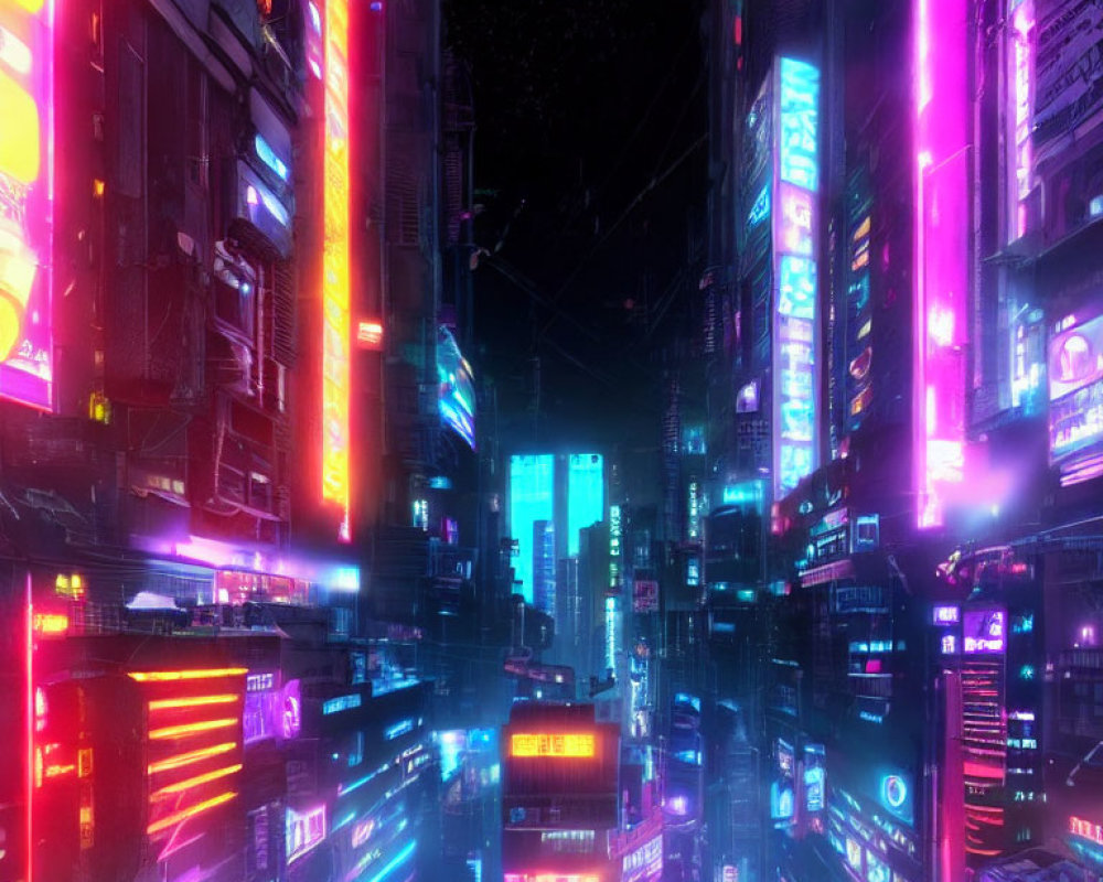 Futuristic cyberpunk cityscape with neon lights and skyscrapers