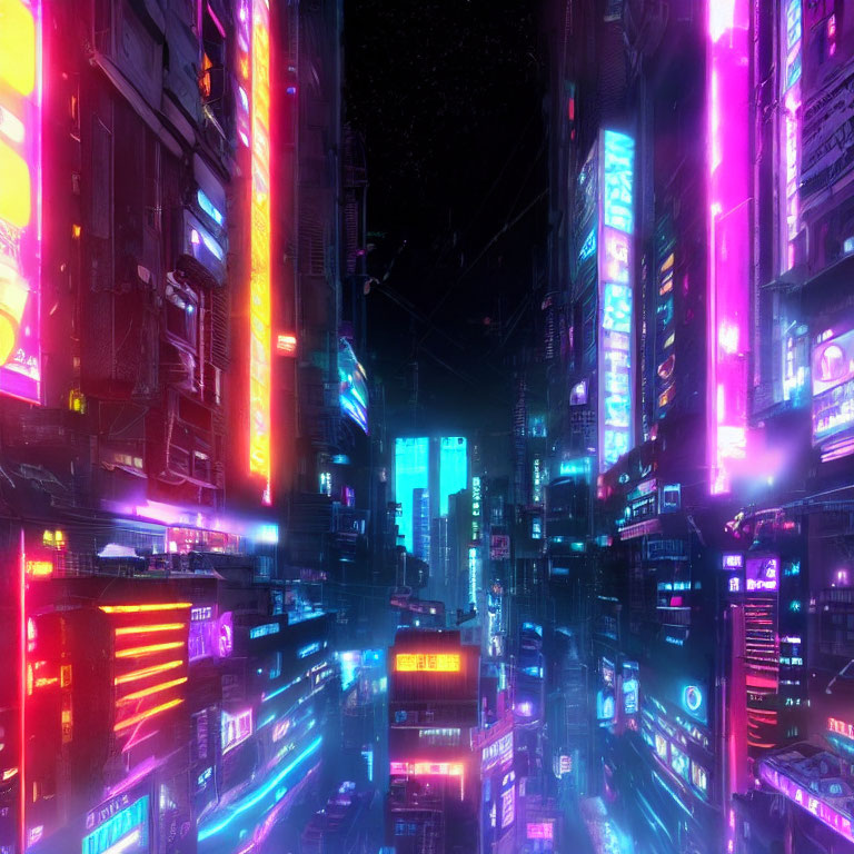 Futuristic cyberpunk cityscape with neon lights and skyscrapers