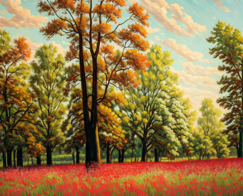 Colorful Autumn Landscape Painting with Trees and Red Flowers under Blue Sky