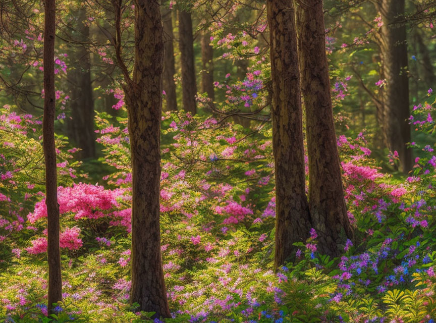 Forest with pink and purple flowers under sunlight glow