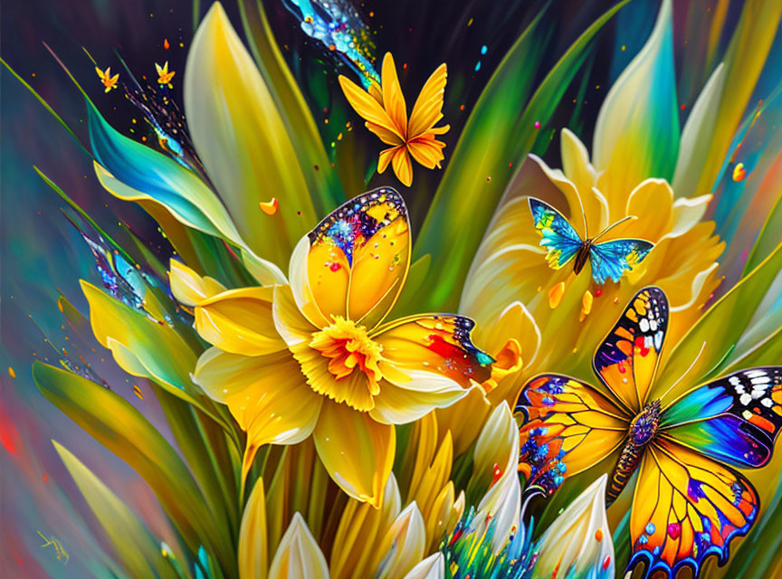 Colorful digital artwork: Yellow flowers & butterflies, dreamlike atmosphere