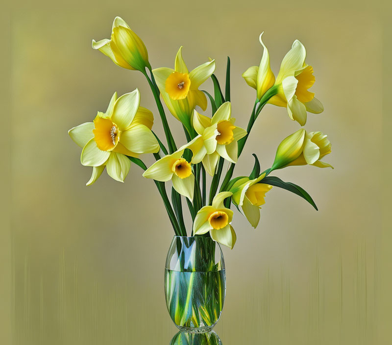 Vibrant yellow daffodils in glass vase on beige background
