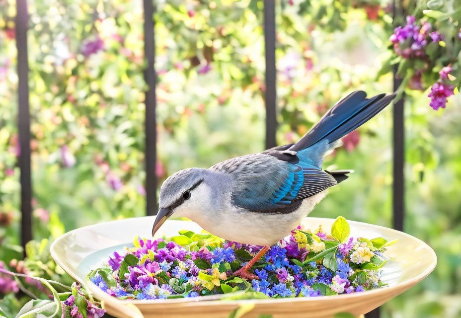 Colorful Blue Bird Perched on Flower-Filled Balcony Dish