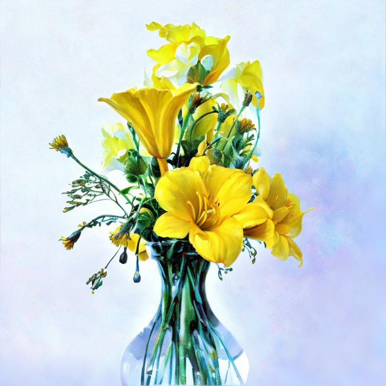 Yellow Flowers in Clear Glass Vase on Blue and White Background