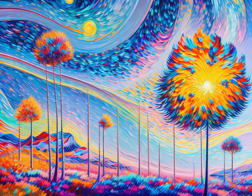 Colorful Swirling Skies & Stylized Trees in Whimsical Landscape