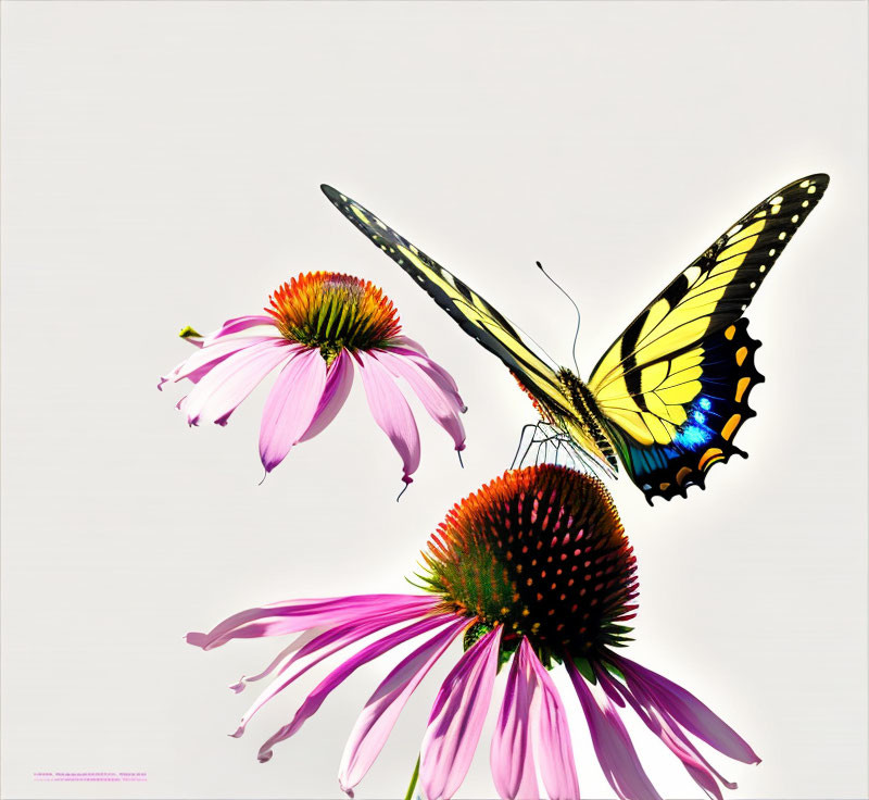 Colorful Butterfly on Pink Coneflower with Yellow and Black Wings