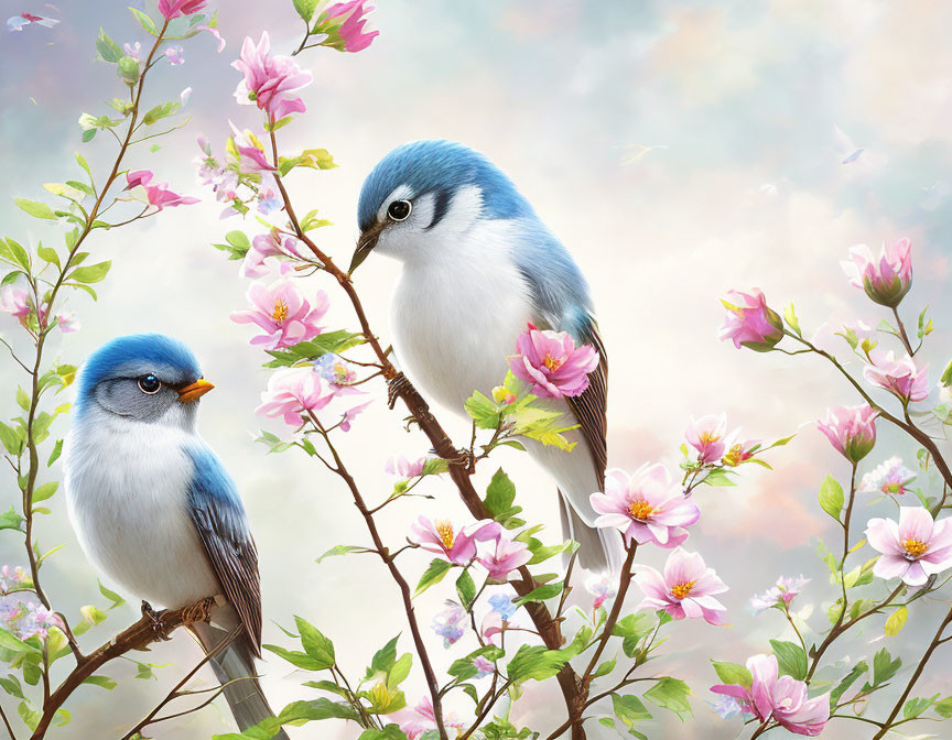 Vibrant blue birds on blooming branches with pink flowers against cloudy sky