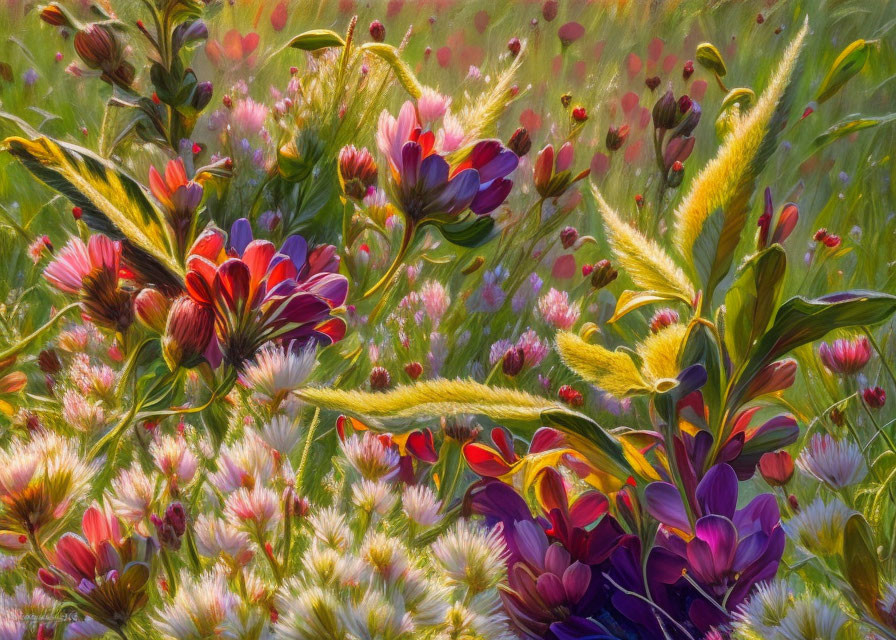 Colorful Wildflower Meadow Painting with Red and Purple Flowers