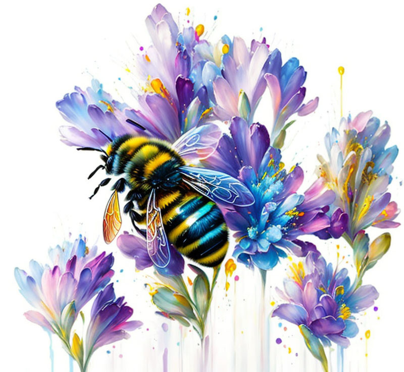 Colorful bumblebee illustration on purple and blue flowers with artistic paint splashes