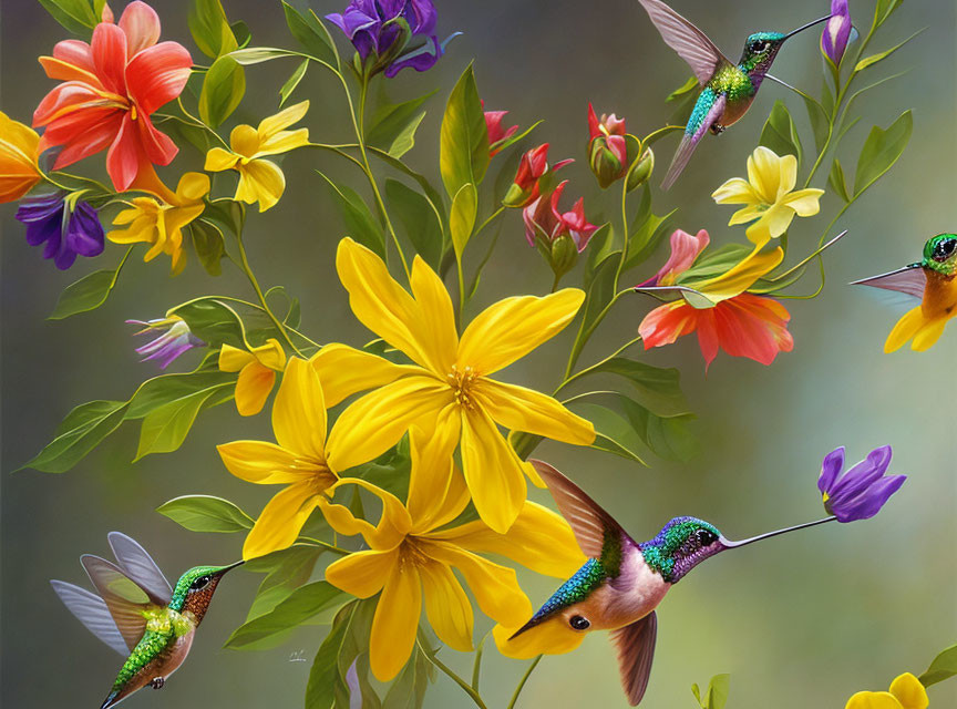 Colorful Flowers with Hummingbirds Feeding
