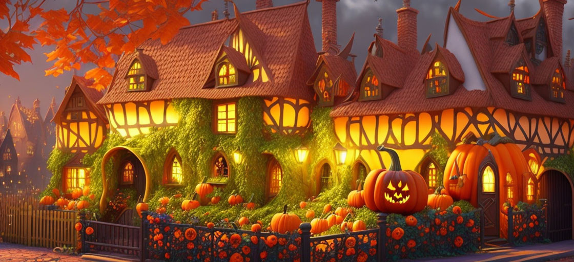 Cozy Halloween-themed cottage with pumpkins and autumn decor