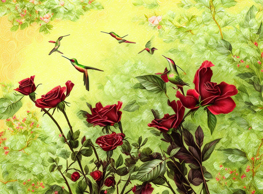 Vivid red roses and dark leaves on yellow background with floral patterns and hummingbirds.