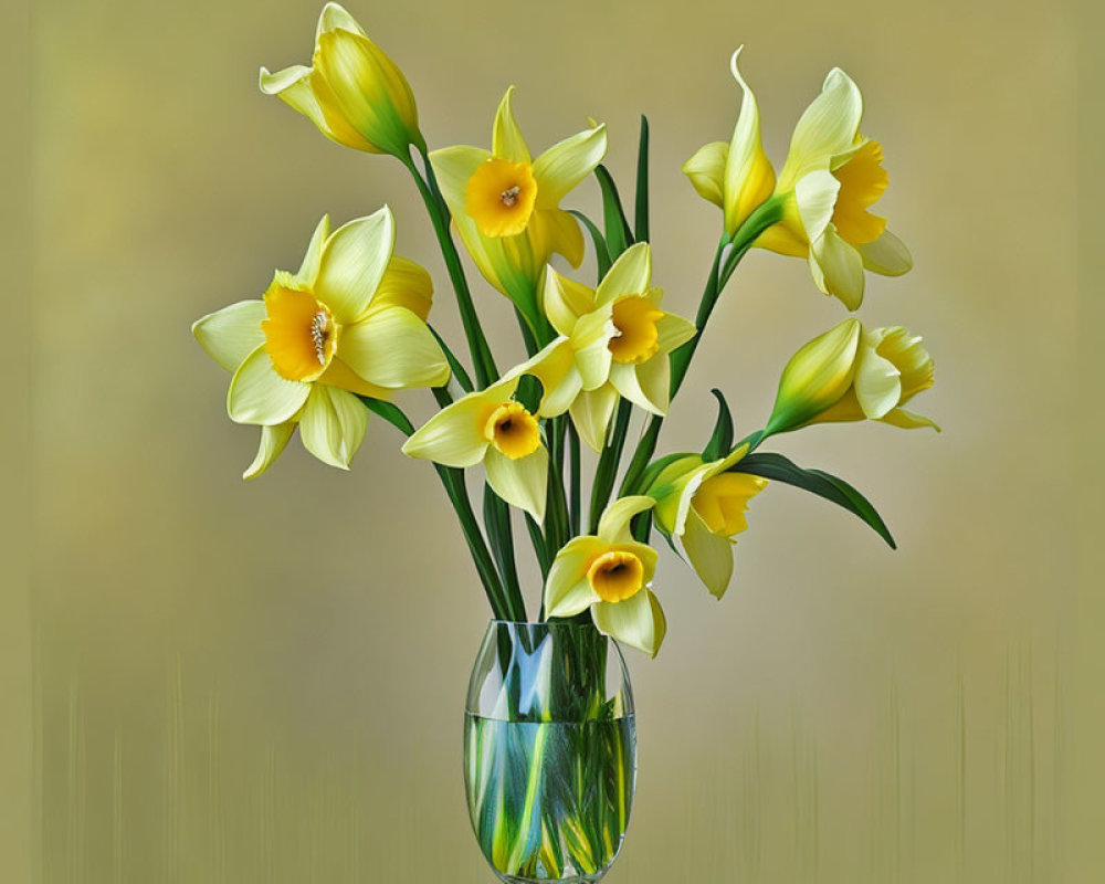 Vibrant yellow daffodils in glass vase on beige background