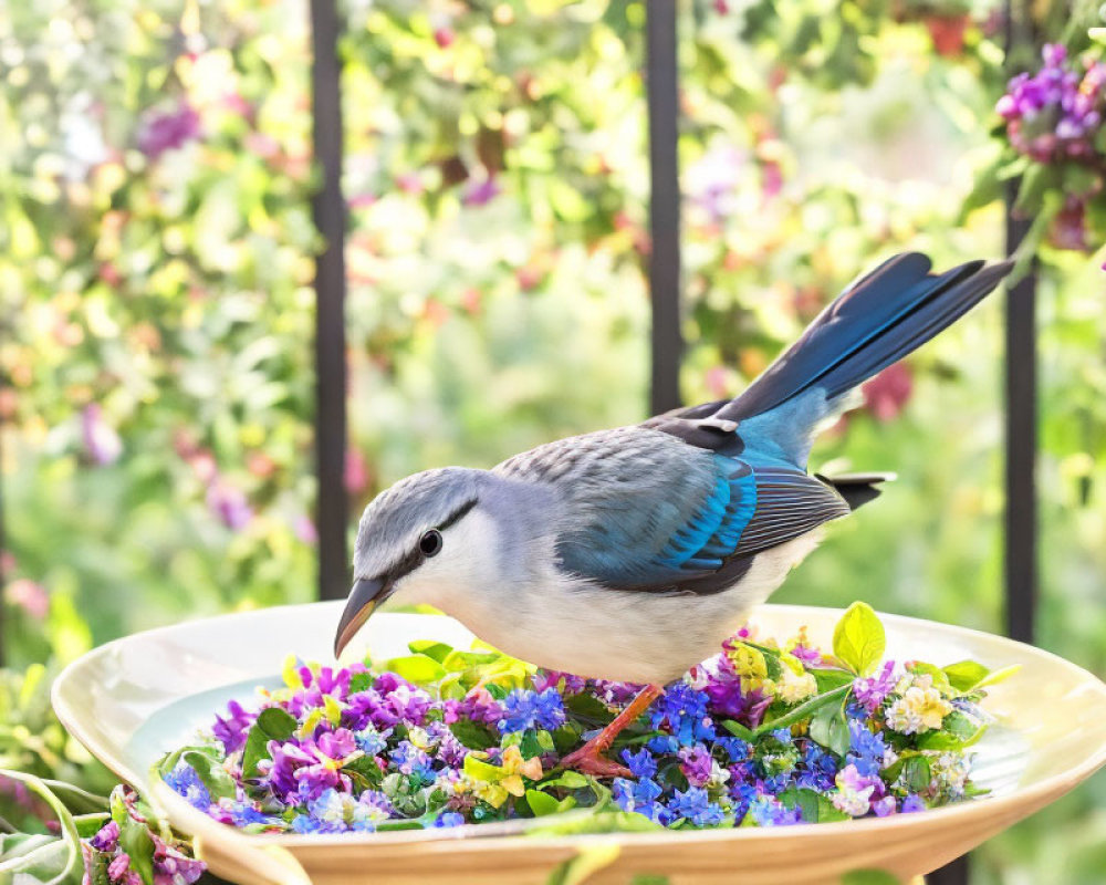 Colorful Blue Bird Perched on Flower-Filled Balcony Dish