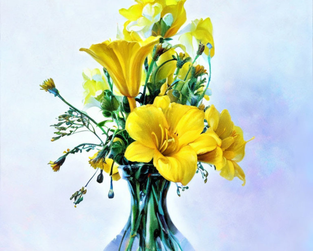 Yellow Flowers in Clear Glass Vase on Blue and White Background