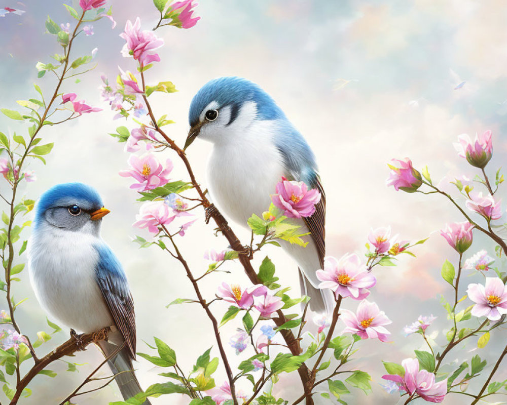 Vibrant blue birds on blooming branches with pink flowers against cloudy sky