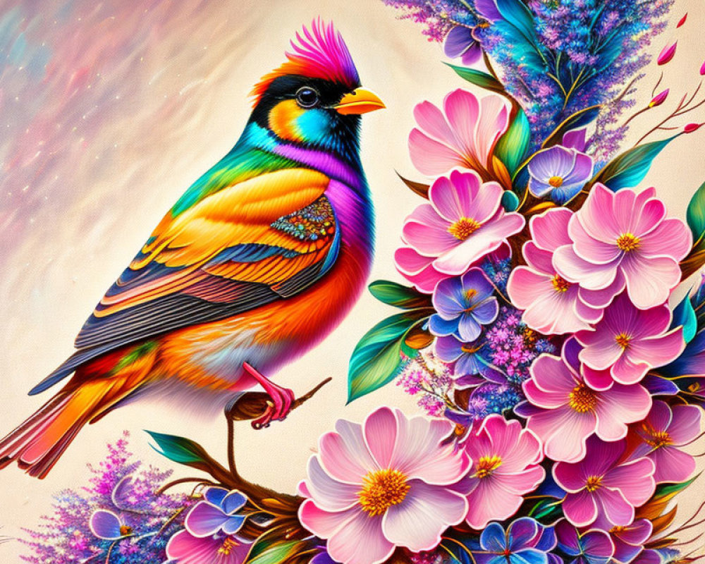 Colorful Bird with Purple Crest Perched Near Pink Flowers