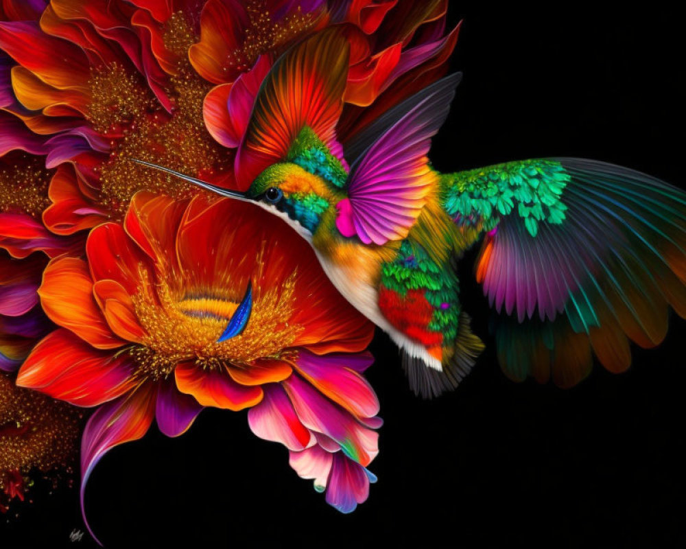 Colorful Hummingbird with Iridescent Feathers near Red Flowers