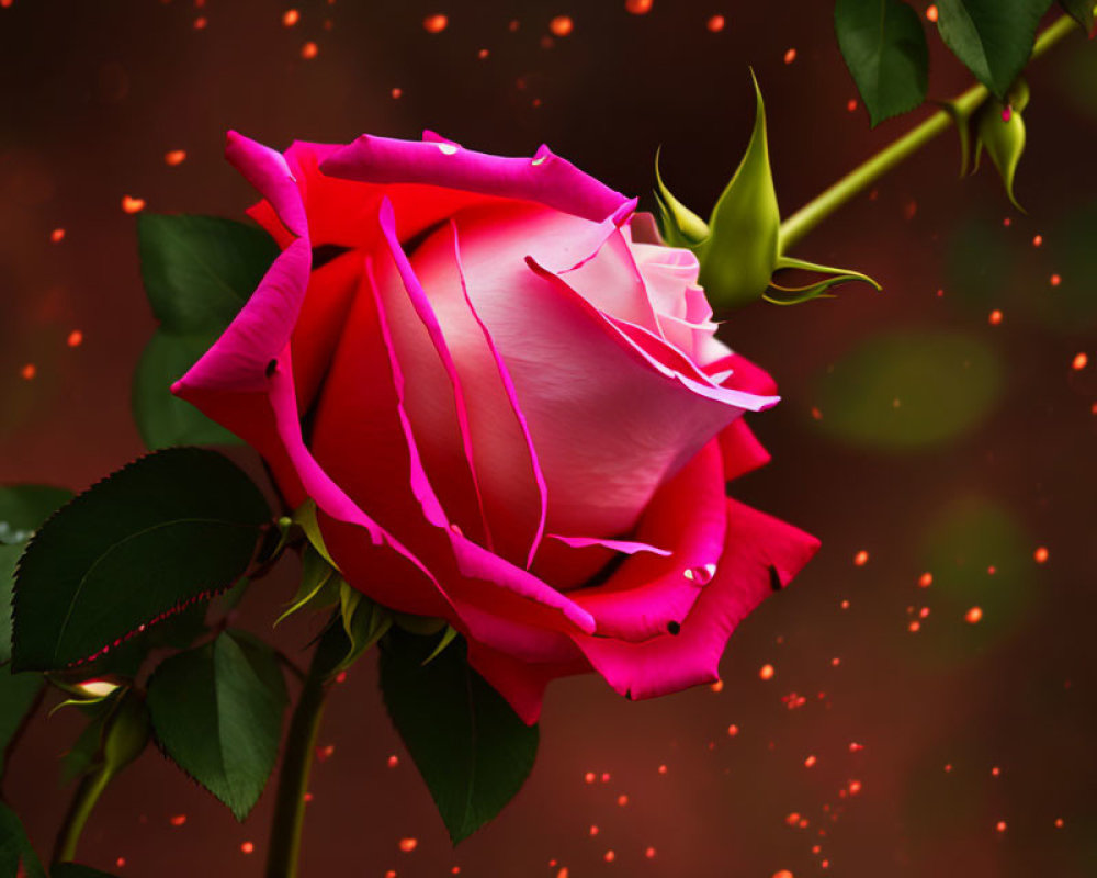 Pink Rose with Delicate Petals on Red and Orange Bokeh Background